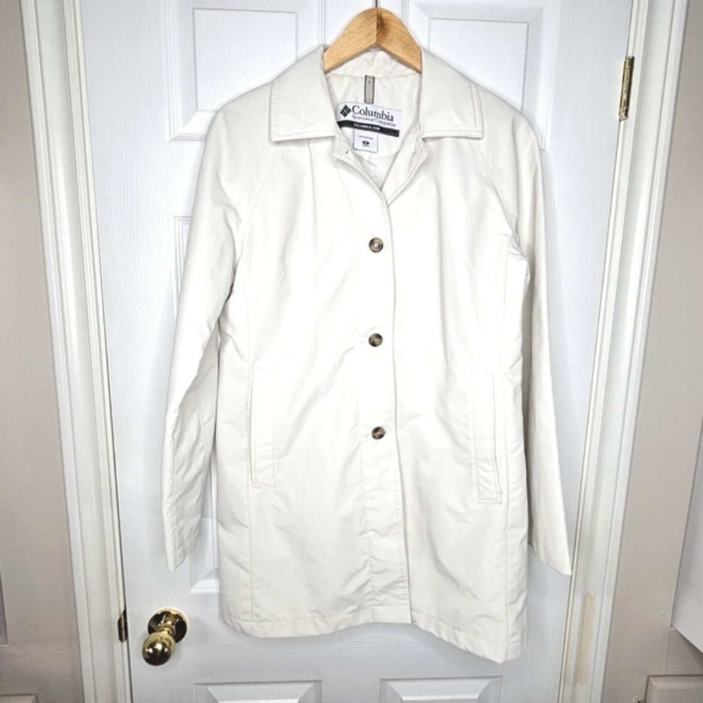 Columbia Women's Cream Mid-Length Trench Coat Minimalist Overcoat Size M